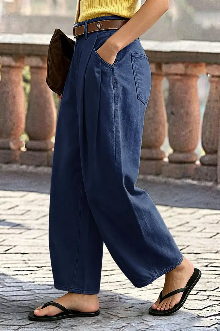 Solid Pleated Mid Rise Barrel Leg Pants Without Belt