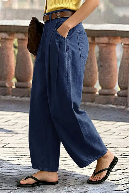 Solid Pleated Mid Rise Barrel Leg Pants Without Belt