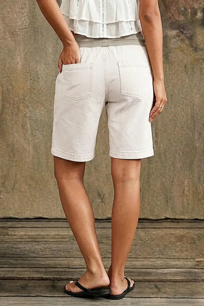 Zip Decor Patch Pocket Drawstring Mid Rise Bermuda Shorts