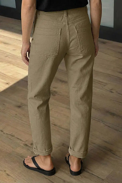 Solid Patch Pocket Dual Button High Rise Straight Leg Crop Pants