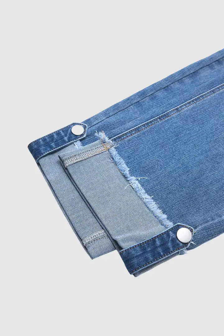 Wash Button Tab Roll Hem Mid Waist Straight Leg Crop Jeans