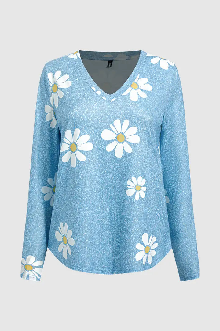 Daisy Print V Neck Long Sleeve T-Shirt