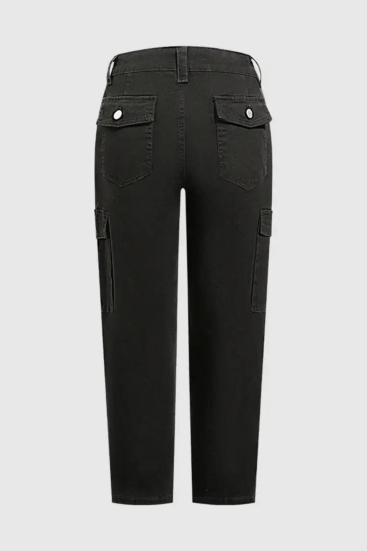Solid Flap Pocket Mid Waist Tapered Cropped Cargo Pants