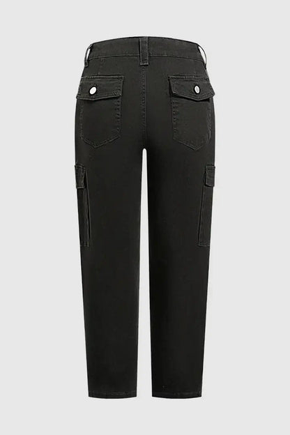 Solid Flap Pocket Mid Waist Tapered Cropped Cargo Pants