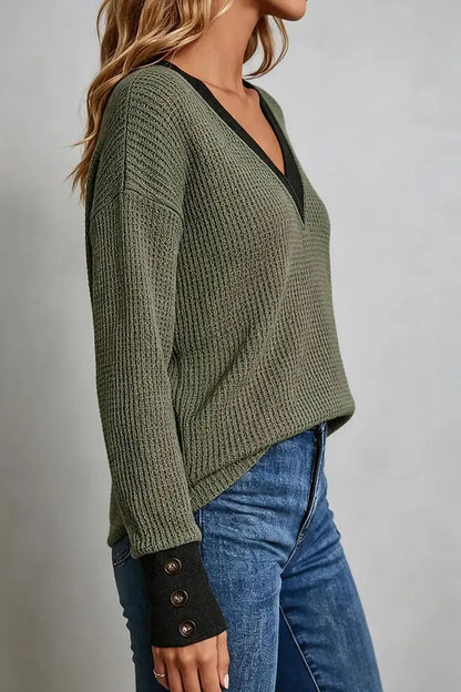 Two Tone Waffle Knit Button Cuff V Neck Long Sleeve T-Shirt