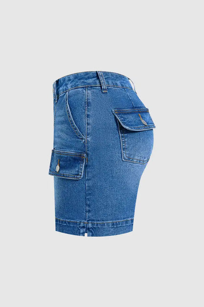 Wash Flap Pocket Split Hem Mid Rise Mid Thigh Cargo Denim Shorts Without Belt