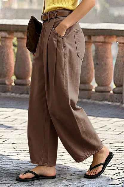 Solid Pleated Mid Rise Barrel Leg Pants Without Belt