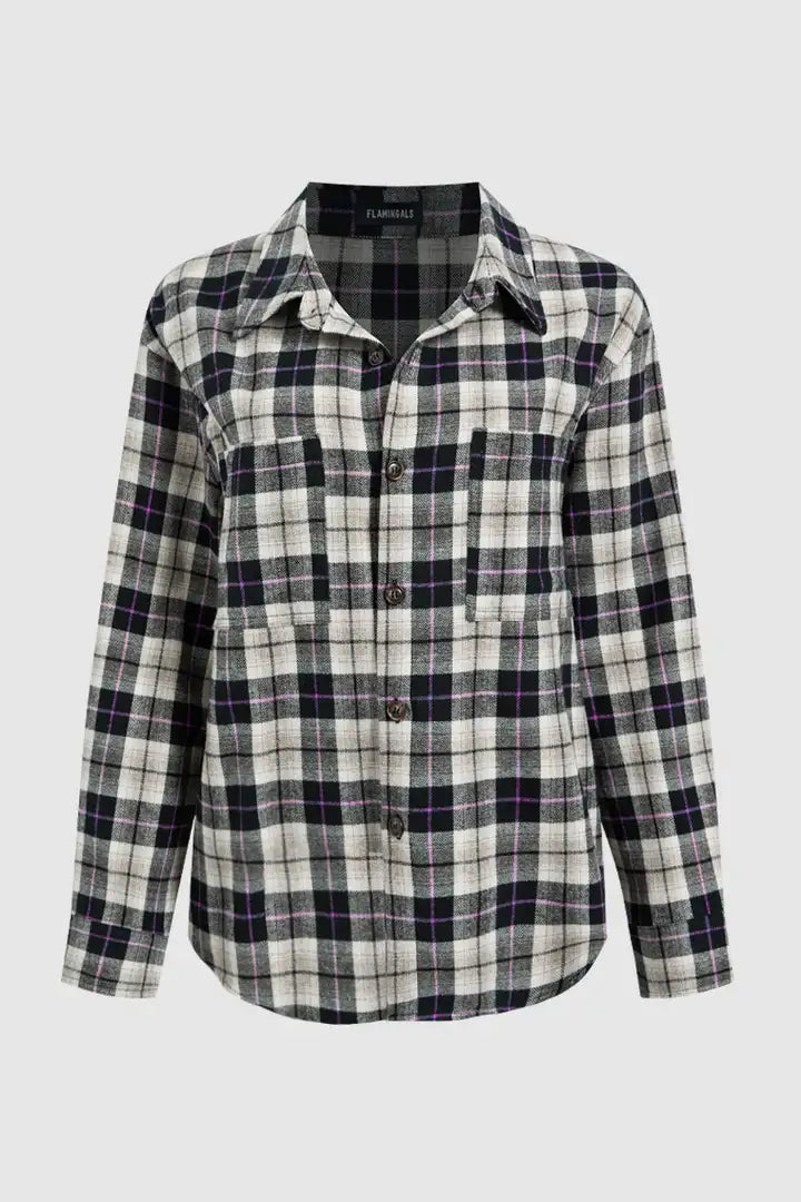 Plaid Pattern Patch Pocket Button Up Long Sleeve Shacket