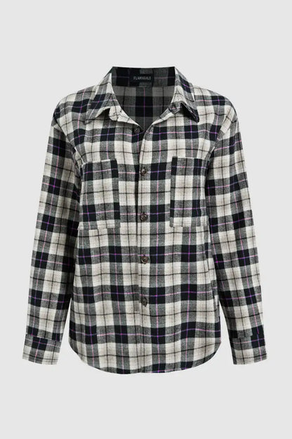 Plaid Pattern Patch Pocket Button Up Long Sleeve Shacket