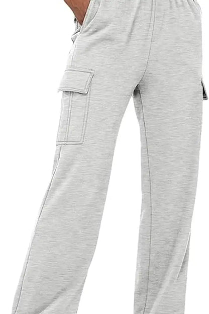 Solid Flap Pocket Elastic High Rise Straight Leg Pull-On Cargo Pants