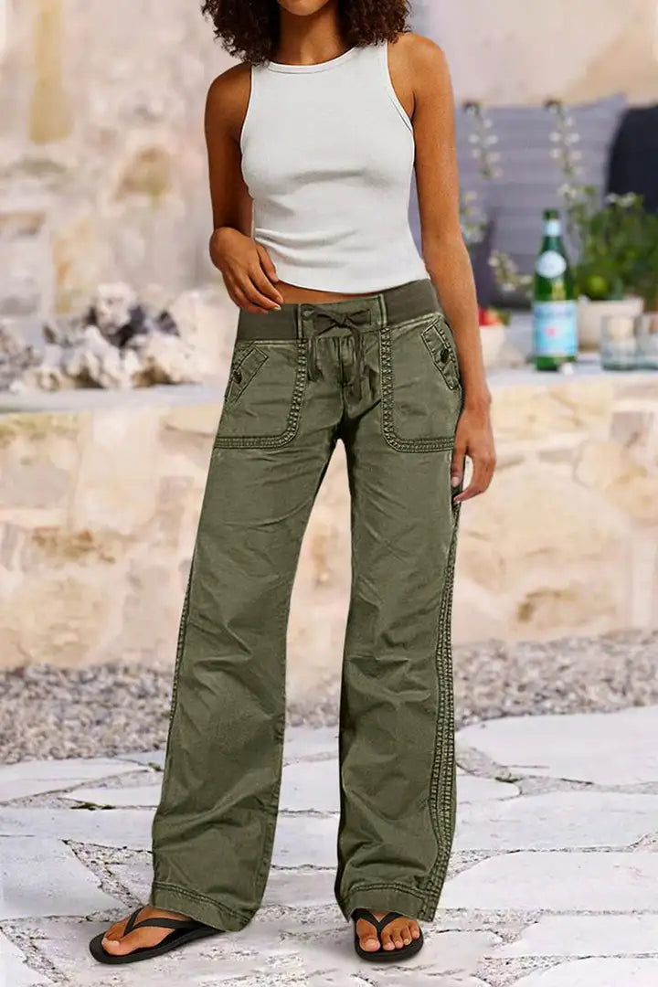 Solid Seam Detail Drawstring Mid Rise Straight Leg Pants