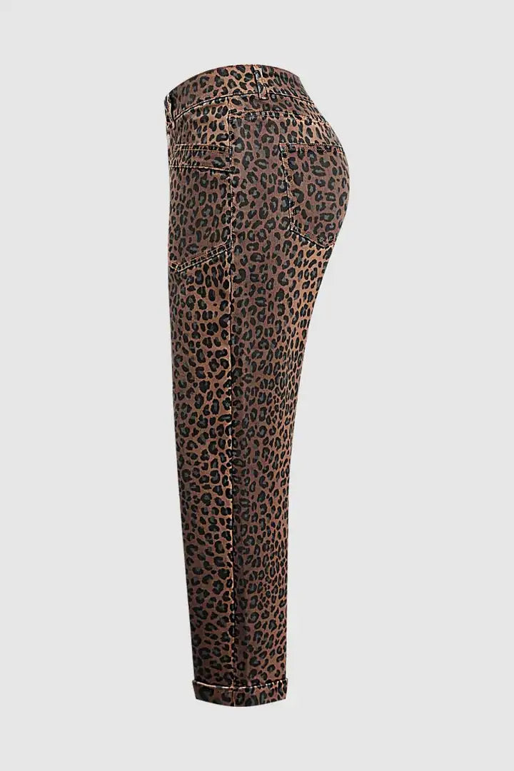 Leopard Print Roll Hem Patch Pocket Mid Waist Straight Leg Cropped Pants