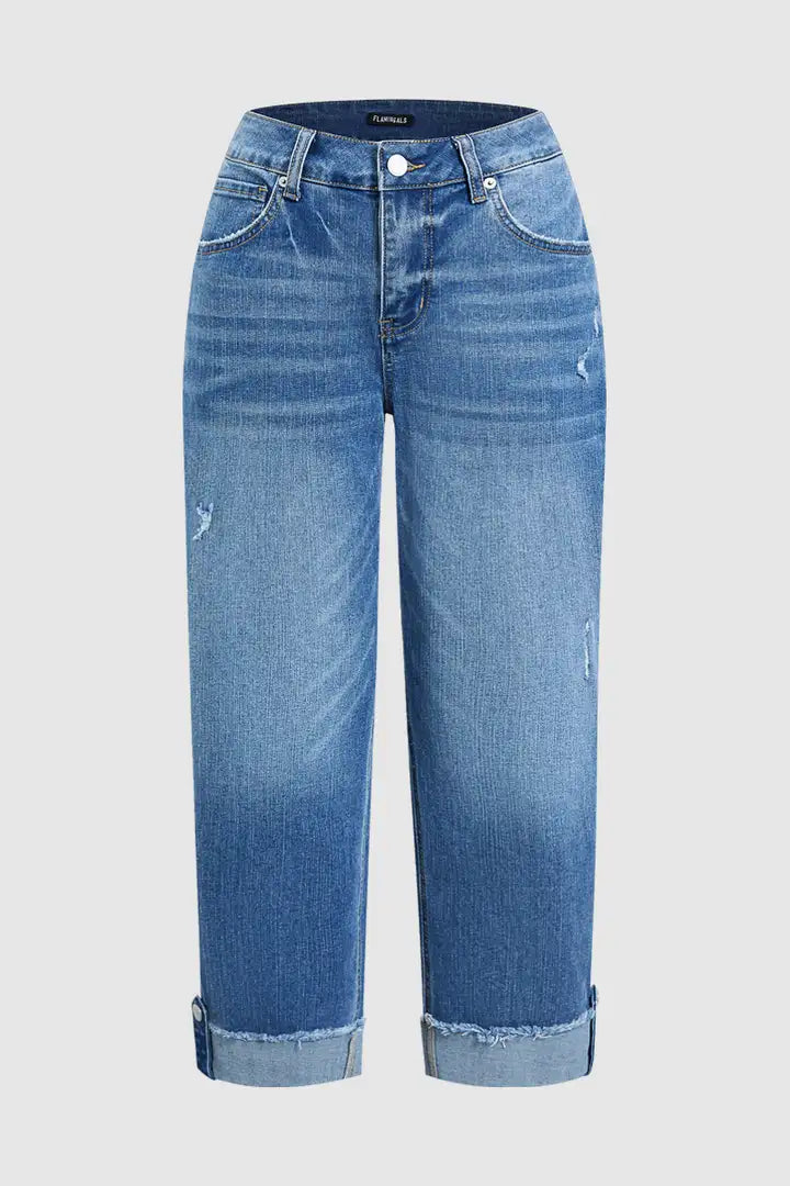 Wash Button Tab Roll Hem Mid Waist Straight Leg Crop Jeans