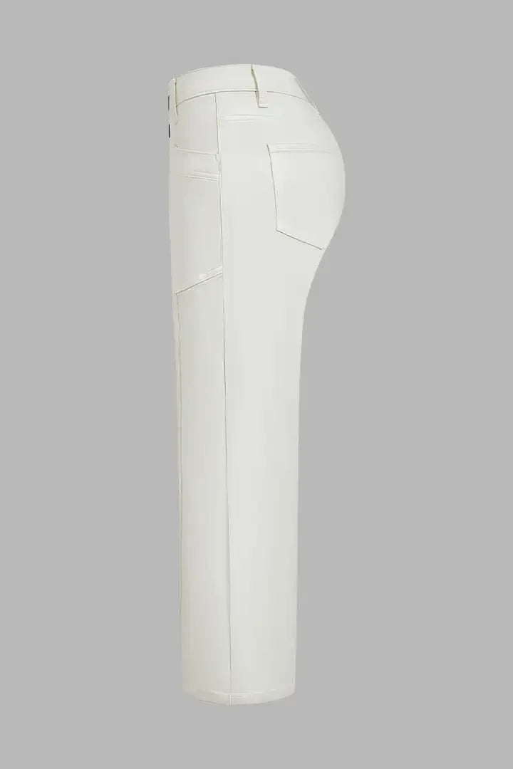 Solid Stitch Detail Patch Pocket Mid Rise Straight Leg Pants