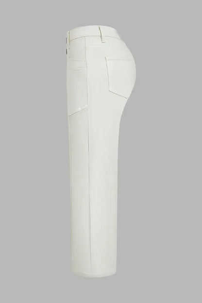 Solid Stitch Detail Patch Pocket Mid Rise Straight Leg Pants