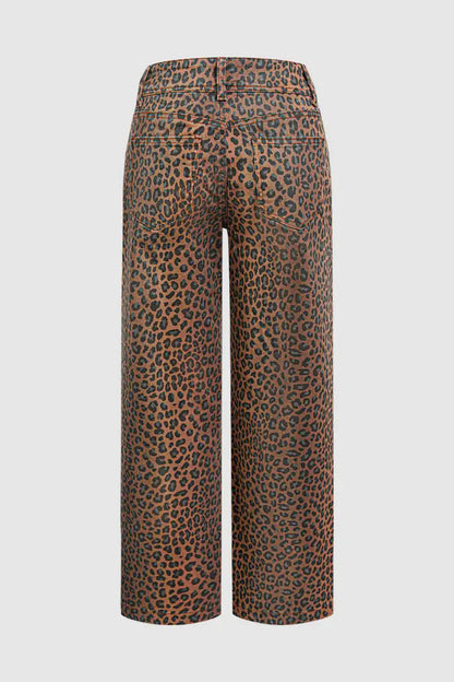Leopard Print Patch Pocket High Waist Straight Leg Pants
