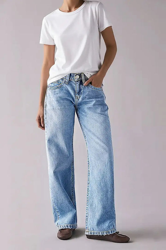 Wash Raw Hem Mid Rise Straight Leg Jeans