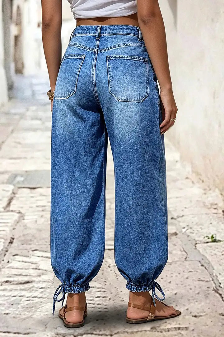 Flap Pocket Ruched Drawstring Mid Waist Balloon Leg Crop Jeans