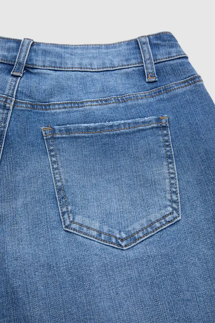 Wash Button Tab Roll Hem Mid Waist Straight Leg Crop Jeans