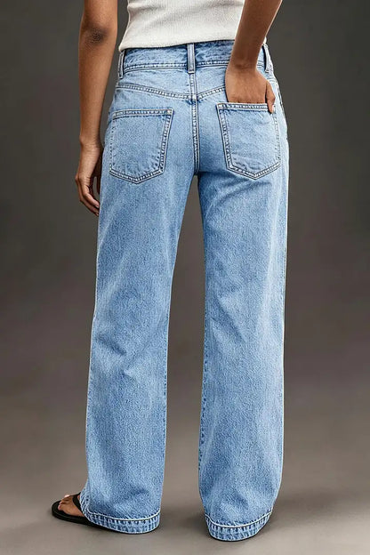 Wash Asymmetrical Stitch Detail Mid Waist Straight Leg Jeans