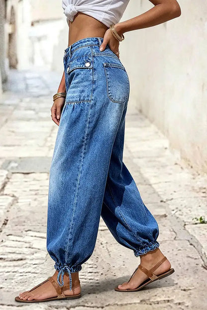 Flap Pocket Ruched Drawstring Mid Waist Balloon Leg Crop Jeans