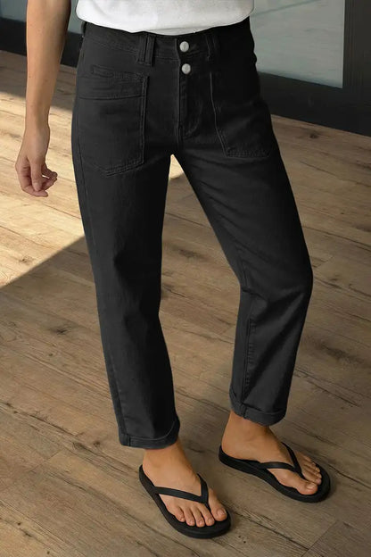 Solid Patch Pocket Dual Button High Rise Straight Leg Crop Pants
