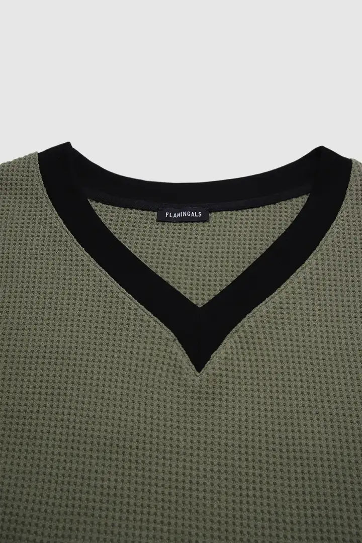 Two Tone Waffle Knit Button Cuff V Neck Long Sleeve T-Shirt