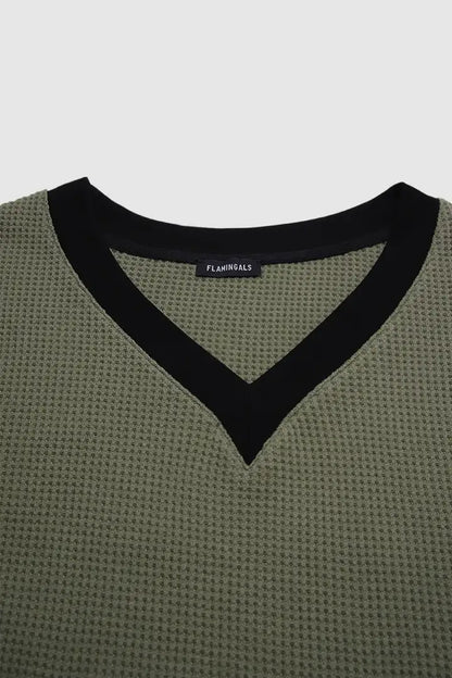 Two Tone Waffle Knit Button Cuff V Neck Long Sleeve T-Shirt