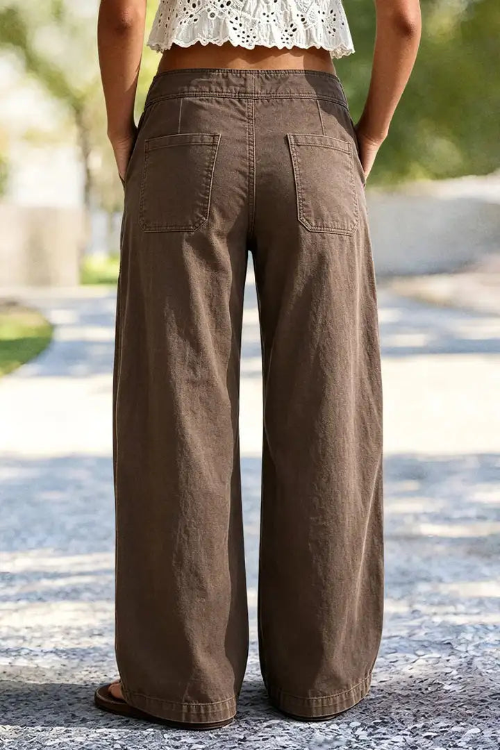 Solid Ruched Patch Pocket Drawstring Mid Waist Wide Leg Pants