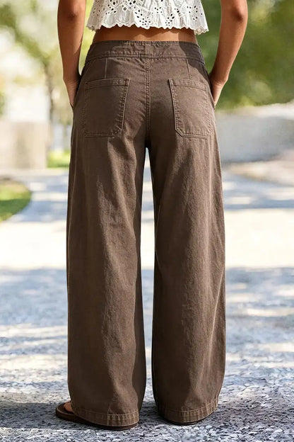 Solid Ruched Patch Pocket Drawstring Mid Waist Wide Leg Pants