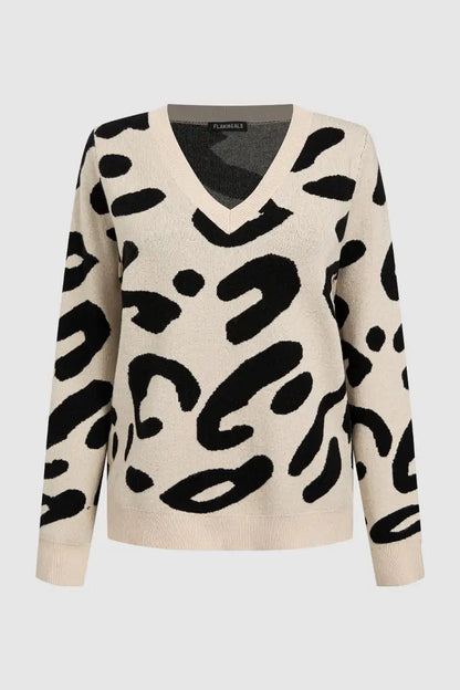 Leopard Print V Neck Long Sleeve Sweater