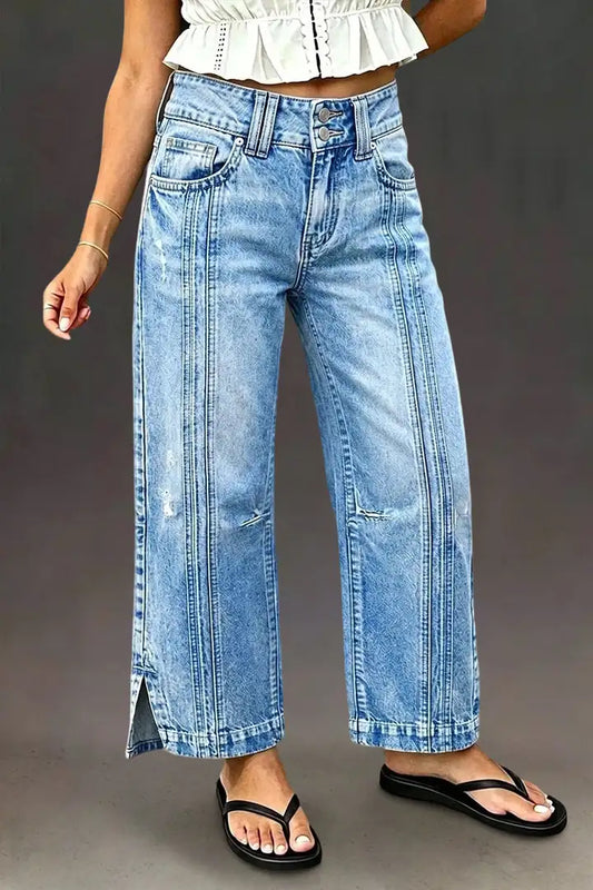 Wash Side Split Ripped Detail Mid Waist Wide Leg Cropped Jeans