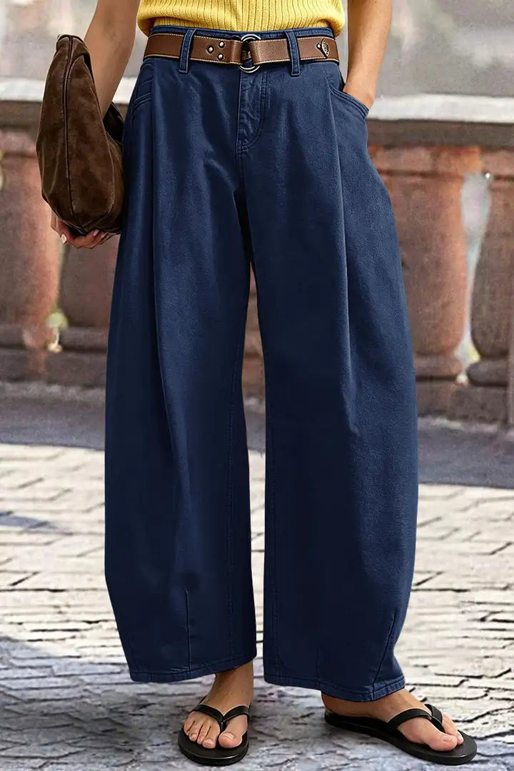 Solid Pleated Mid Rise Barrel Leg Pants Without Belt