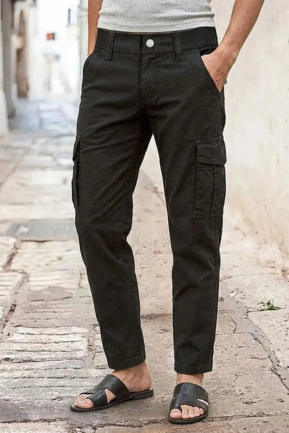 Solid Flap Pocket Mid Waist Tapered Cropped Cargo Pants