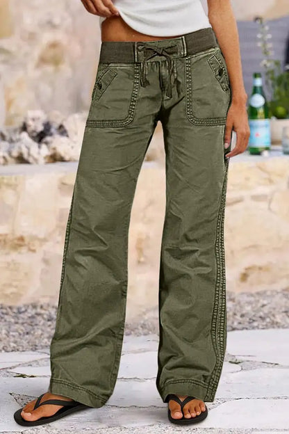 Solid Seam Detail Drawstring Mid Rise Straight Leg Pants