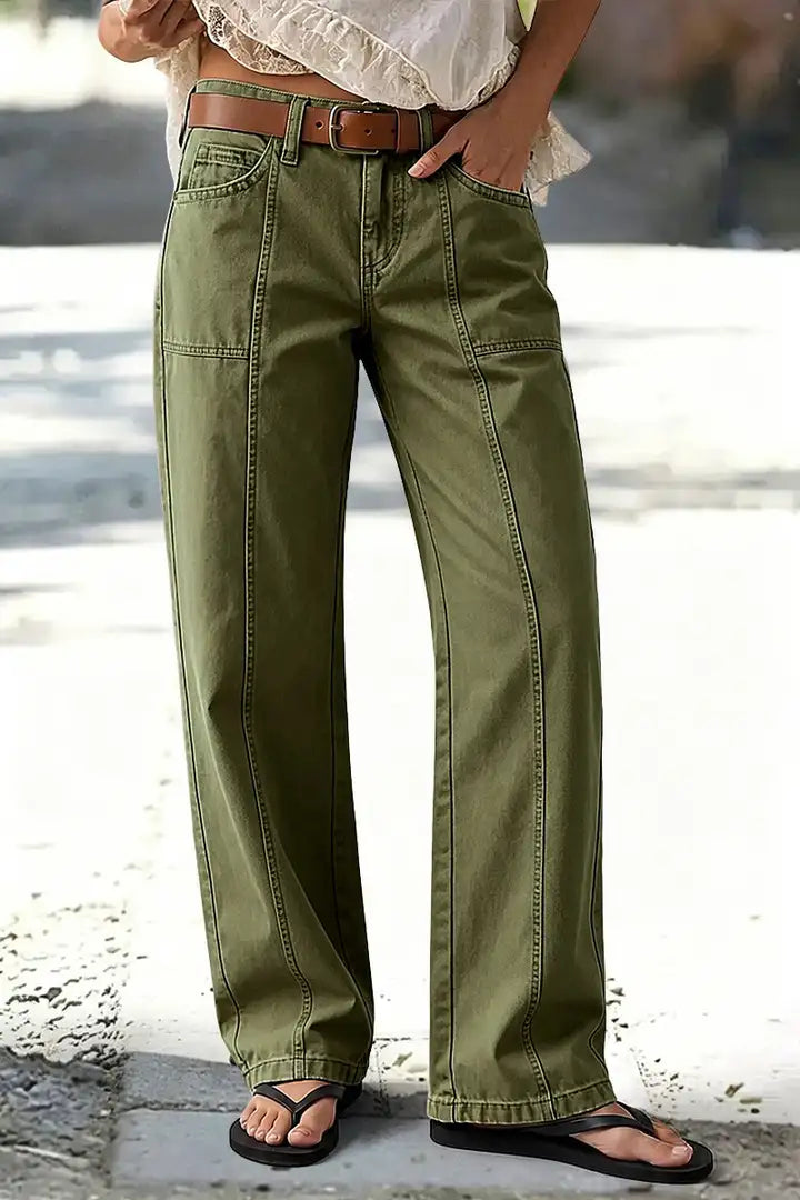 Solid Stitch Detail Mid Waist Straight Leg Pants Without Belt