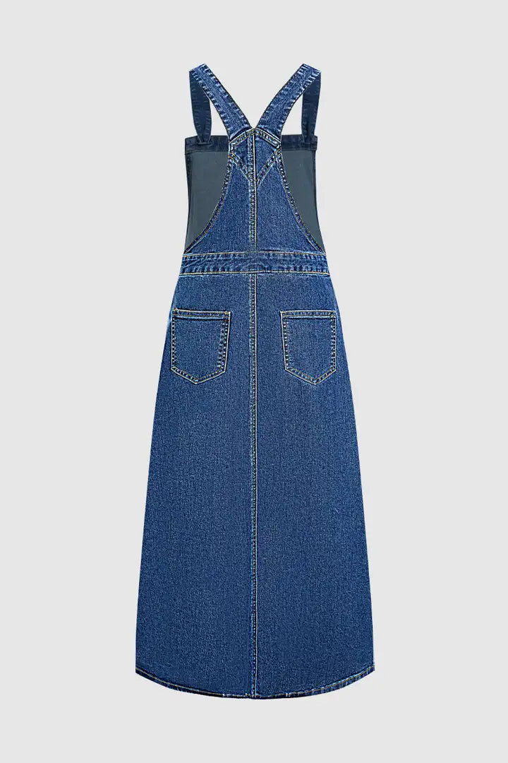 Wash Patch Pocket Pleated Long Denim Overall Dress