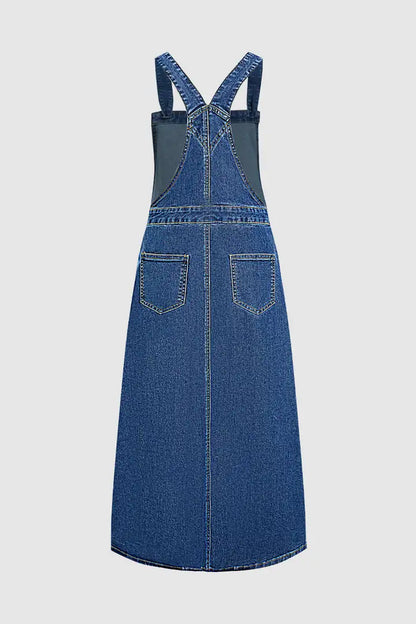 Wash Patch Pocket Pleated Long Denim Overall Dress