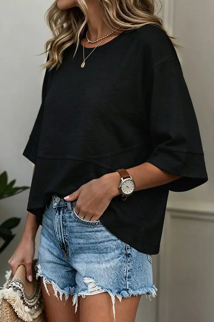 Solid Stitch Detail Round Neck Three Quarter Length Sleeve T-Shirt