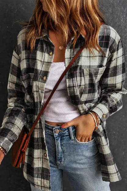 Plaid Pattern Patch Pocket Button Up Long Sleeve Shacket