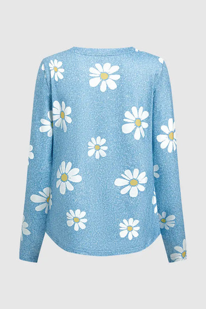 Daisy Print V Neck Long Sleeve T-Shirt