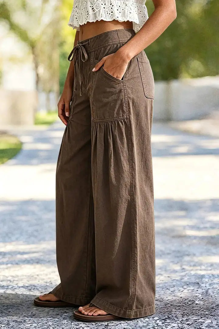 Solid Ruched Patch Pocket Drawstring Mid Waist Wide Leg Pants