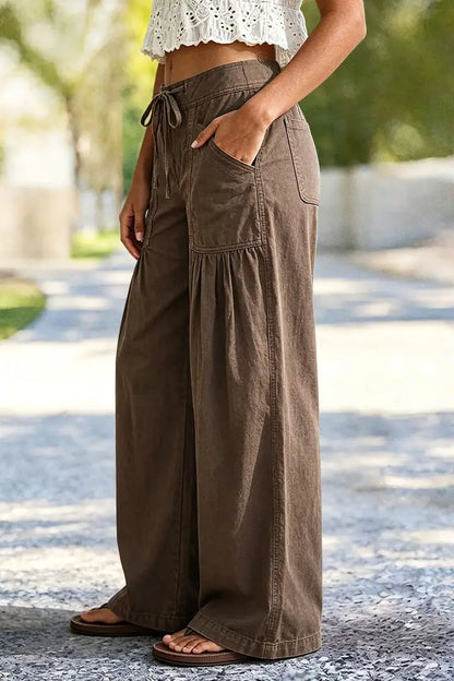 Solid Ruched Patch Pocket Drawstring Mid Waist Wide Leg Pants