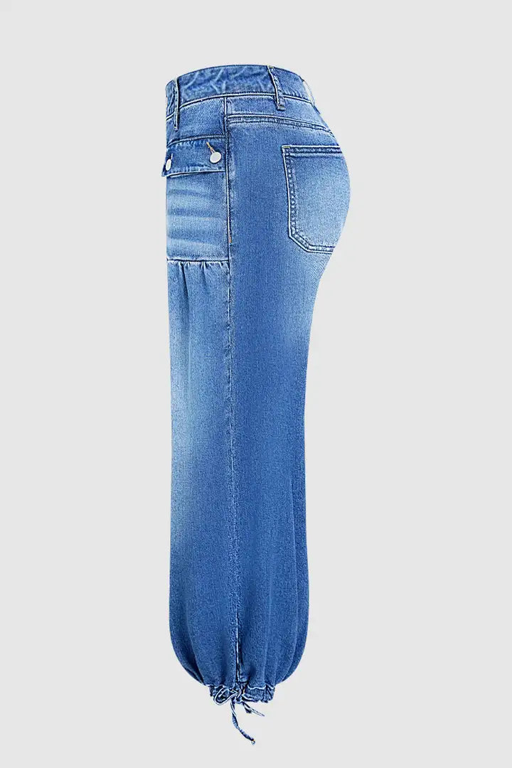 Flap Pocket Ruched Drawstring Mid Waist Balloon Leg Crop Jeans