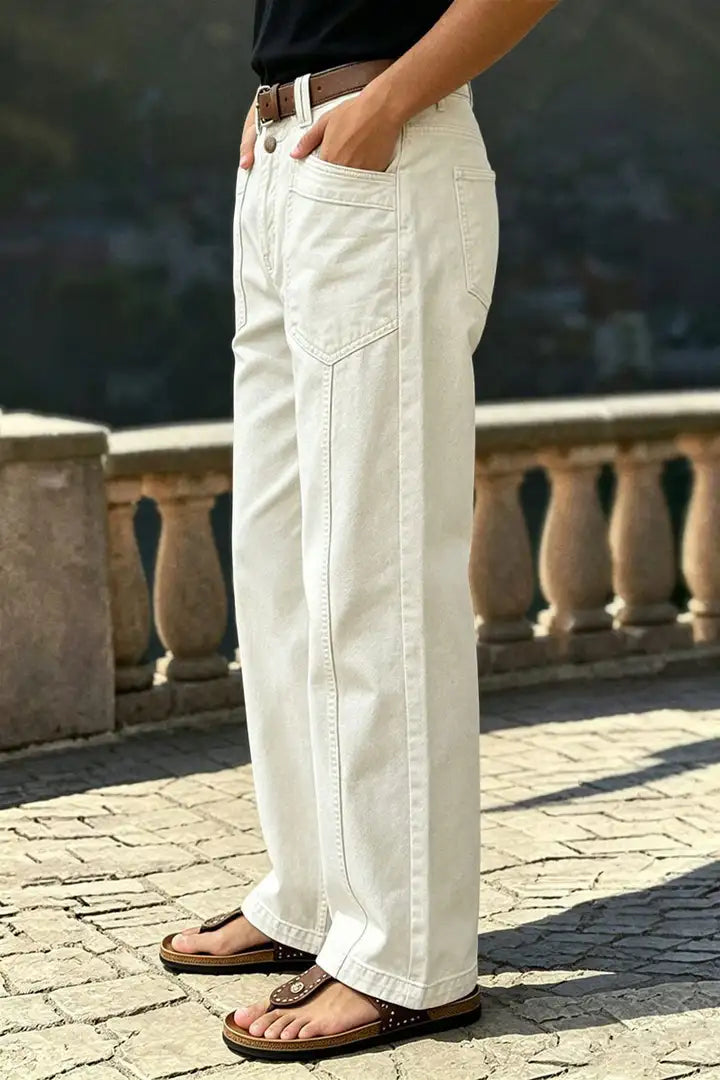 Solid Stitch Detail Patch Pocket Mid Rise Straight Leg Pants