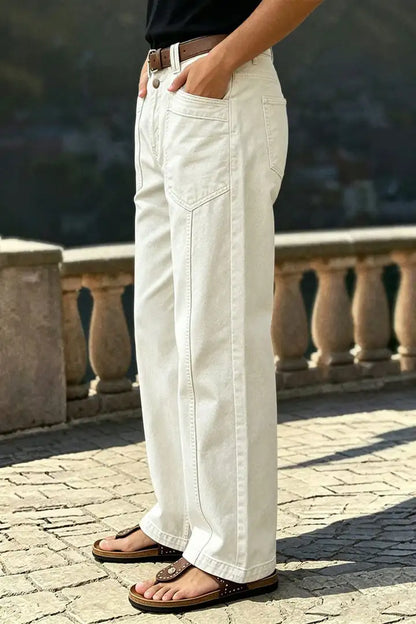 Solid Stitch Detail Patch Pocket Mid Rise Straight Leg Pants
