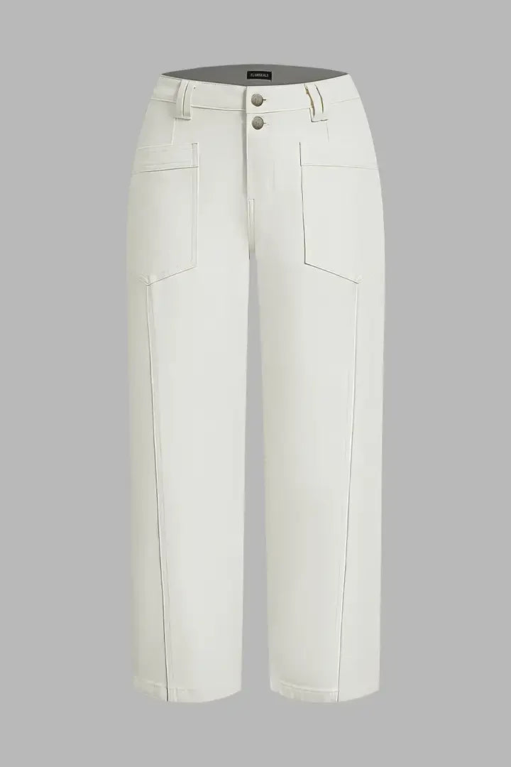 Solid Stitch Detail Patch Pocket Mid Rise Straight Leg Pants