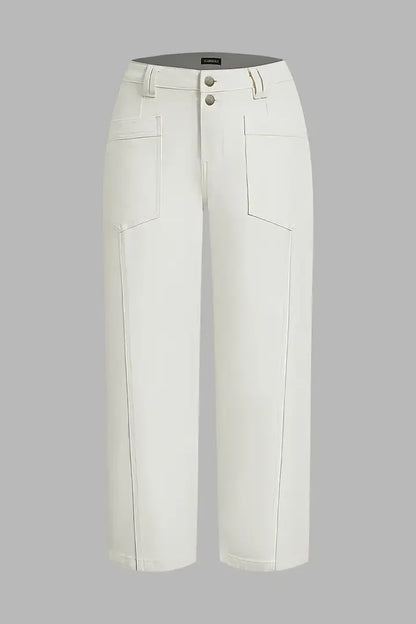 Solid Stitch Detail Patch Pocket Mid Rise Straight Leg Pants