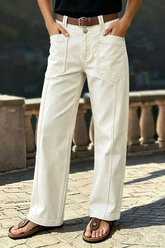 Solid Stitch Detail Patch Pocket Mid Rise Straight Leg Pants