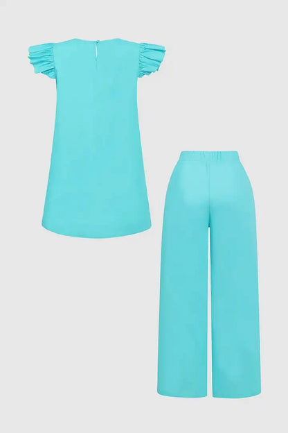 Solid Pleated Ruffle Armhole Top & Slant Pocket Pants Set